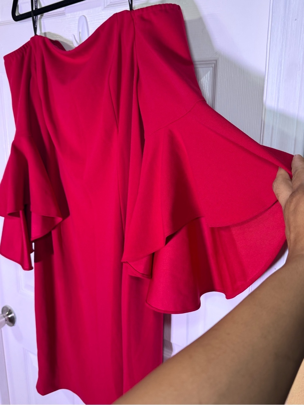 Calvin Klein Red Off-Shoulder Ruffle-Sleeve Sheath Dress - Picture 5 of 11